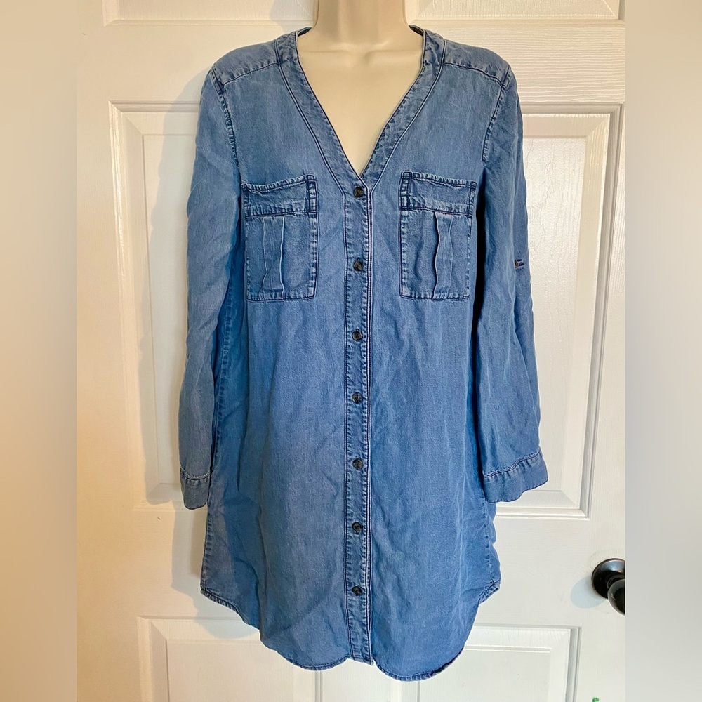 H&M Blue Denim Stretch Pockets Long Sleeve Casual Shirt Dress Tunic Size 4 - Picture 3 of 5
